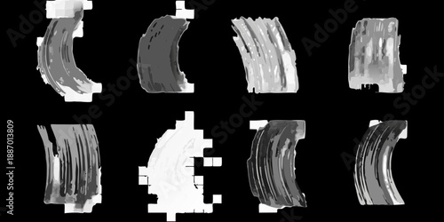 a collection of gray and white brush strokes on a black background