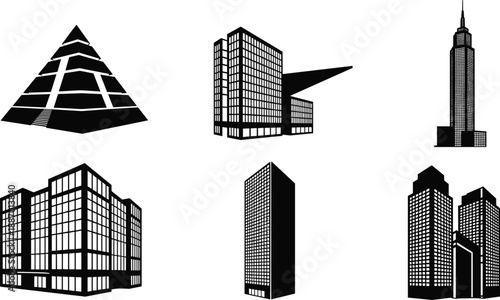 Mega collection of black corporate building icons and detailed skyscraper silhouettes isolated on white background for architecture urban city real estate design