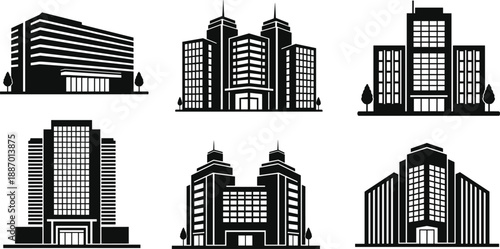 Set of black corporate building icons and detailed skyscraper silhouettes isolated on white background for architecture urban city and real estate design