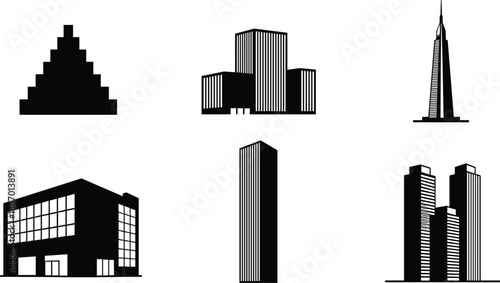 Mega collection of black corporate building icons and detailed skyscraper silhouettes isolated on white background for architecture urban city real estate design