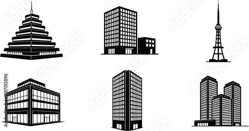 Set of black corporate building icons and detailed skyscraper silhouettes isolated on white background for architecture urban city and real estate design