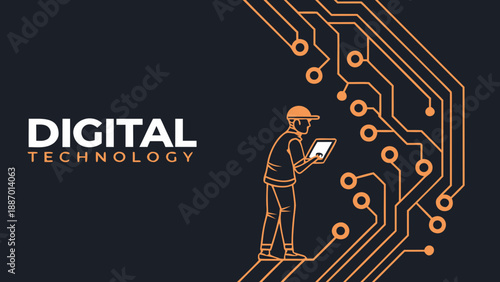 Futuristic digital technology background, intricate motherboard PCB circuit design, glowing neon orange and amber copper traces, deep obsidian black background, central focal point composition, symmet