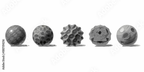 five gray eggs with unique surface patterns on small stands