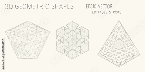 three 3d geometric shapes with polygonal wireframe structures
