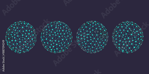 four teal colored network spheres on dark background
