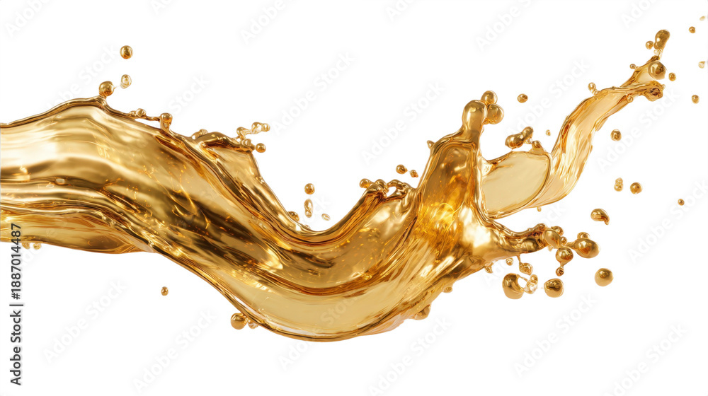 Fototapeta premium A stream of liquid moves in a flowing shape, creating splashes of droplets around it. The background is plain and bright, highlighting the movement of the fluid.