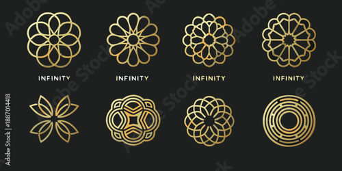 Elegant gold floral and geometric designs with the word infinity displayed