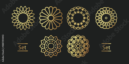 Golden floral mandala designs on a black background