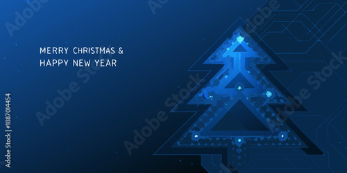 a blue christmas tree with lights on a dark background