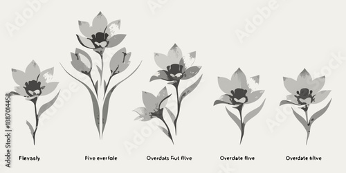 five different types of flowers with leaves and stems