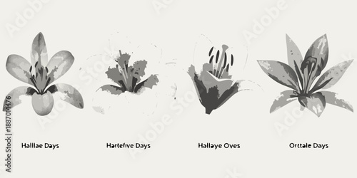 four different types of flowers are shown in black and white