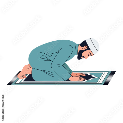 Man Praying on Prayer Mat Kneeling.