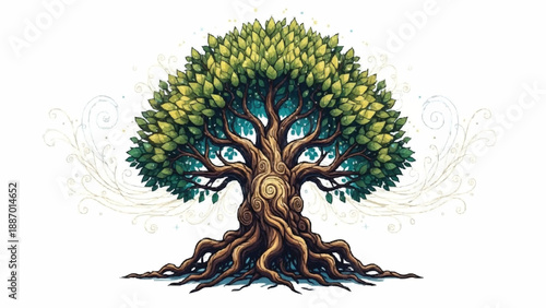 Beautiful and mystical illustration of the tree of life with intricate roots, a powerful trunk, and a lush canopy surrounded by swirling magic.