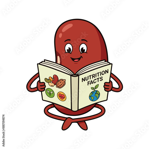 A cartoon kidney mascot holding a nutrition facts book on world pulses day for healthy eating awareness