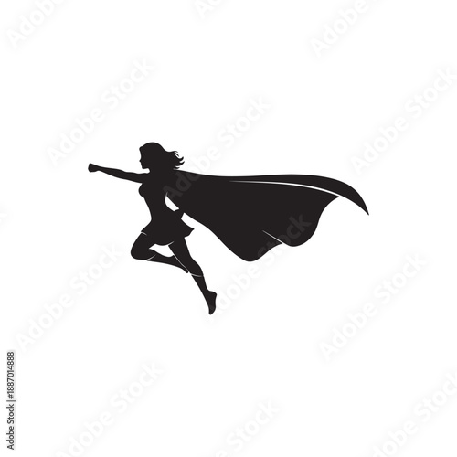 Superhero woman silhouette illustration. Simple icon with woman in cape with superpowers on white background