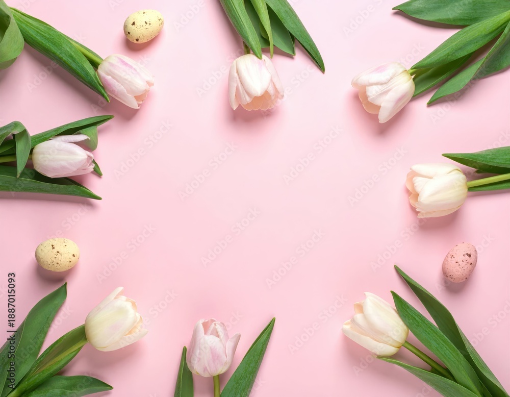 Fototapeta premium Soft Pink Tulips and Easter Eggs on Gentle Pastel Background
