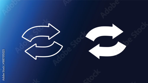 Two white and outlined circular arrows on blue and black gradient background for business concepts