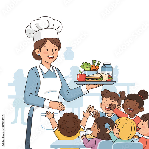 Chef Serving Healthy Food to Children in a Kitchen Environment eps File