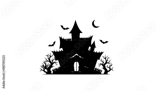 Scary Halloween Haunted House Silhouette Vector Illustration with Bats and Trees