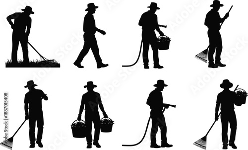 Gardener, silhouettes, man, gardening, tools, rake, hose, basket, farmer, worker, black, vector, illustration, flat, design, cad, drawing, isolated, white, background, set