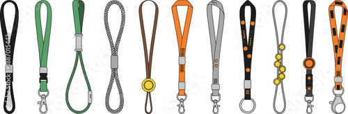 Lanyard, straps, leash, keychain, accessories, collection, colorful, nylon, clip, buckle, vector, illustration, flat, design, cad, drawing, isolated, white, background, set