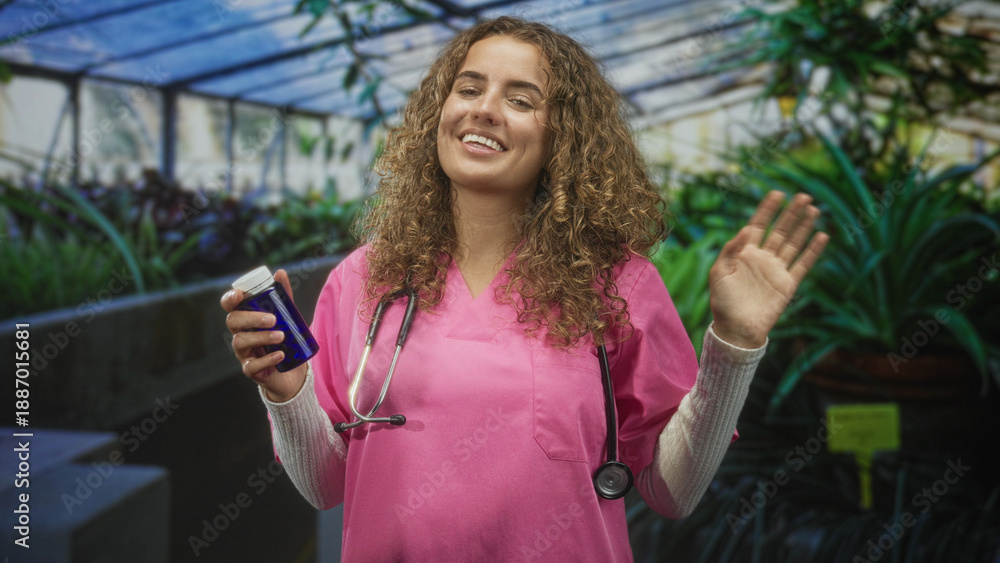 Fototapeta premium Woman doctor holding pill bottle and stethoscope, hand raised in wave inside a building; compassion wellness.
