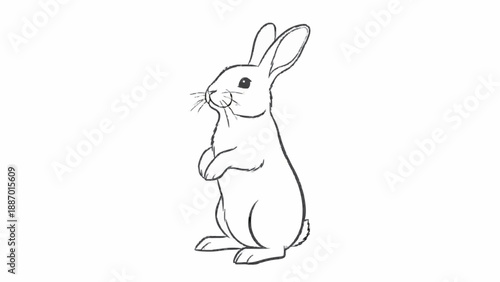 Simple and clean black and white line drawing of a cute rabbit standing on its hind legs, with long ears and a curious expression.