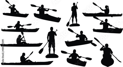 Set of kayaking and paddleboarding silhouette figures showing water sport activities, isolated on white background for adventure, outdoor recreation, fitness, travel and summer lifestyle design 