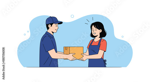 Friendly delivery man in a blue uniform and cap handing a cardboard box package to a smiling female customer at her door.
