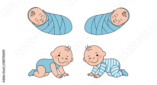 Set of cute illustrations of identical twin baby boys, showing them swaddled as newborns and crawling as happy infants.
