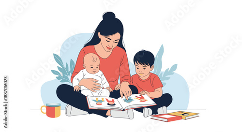 Loving mother sitting with her two children, a baby and a young boy, reading a picture book together and bonding as a family.
