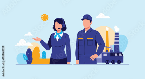 Illustration of a female customer service operator and a male factory worker, representing different professional industries.