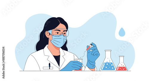 Female scientist wearing a mask and safety goggles carefully adding a substance with a pipette to a beaker in a laboratory.