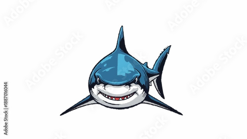 Aggressive and powerful cartoon great white shark swimming forward with a toothy grin, illustrated in a bold, graphic style for a mascot.