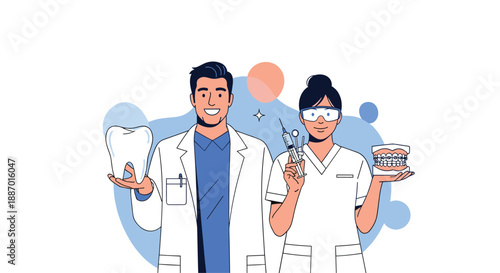 Friendly male dentist and female dental assistant showcasing dental care tools and models of teeth, promoting oral hygiene.