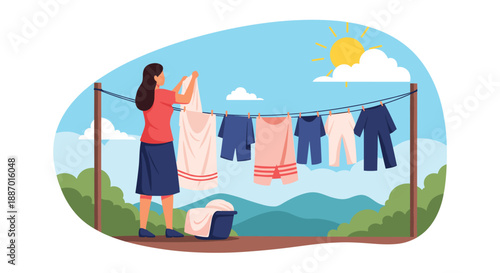 Woman hanging freshly washed clothes on a clothesline to dry outdoors on a sunny day with a beautiful landscape background.