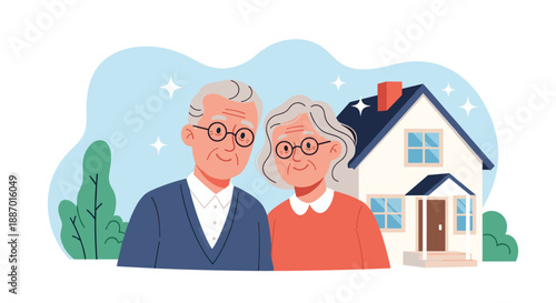 Happy elderly couple smiling in front of their new or dream house, representing retirement, home ownership, and togetherness.