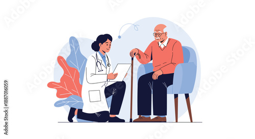 Female doctor providing medical consultation to an elderly man with a cane, explaining his health condition from her notes.