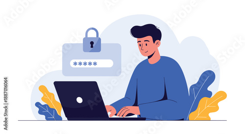 Young man sitting with his laptop and entering a password for online security, with a secure login interface in the background.