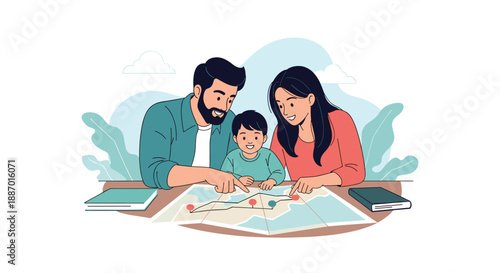 Young family with a child planning their next vacation, looking at a map together and pointing at different destinations.