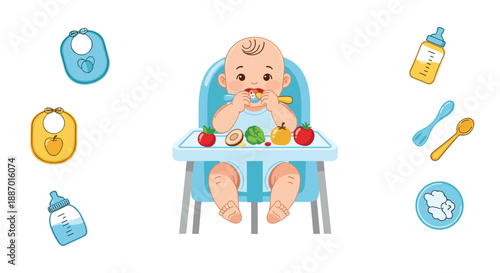 Cute baby sitting in a high chair eating solid foods, surrounded by icons of baby feeding supplies like bottles, bibs, and spoons.