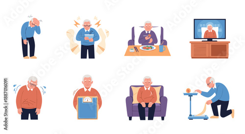 Collection of illustrations depicting an elderly man experiencing various health issues, emotions, and daily life situations like loneliness and financial concern.