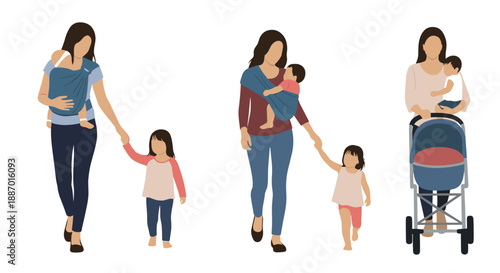 Set of three vector illustrations showing a mother with two children, carrying a baby in a sling and walking with her daughter or pushing a stroller.