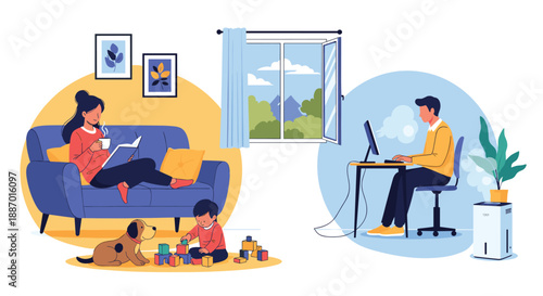 Family enjoying a healthy home environment with an air purifier, showing a man working and a woman relaxing with her child and dog.