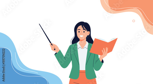 Friendly female teacher holding an open book and a pointer stick, ready to give a lesson or lecture in a classroom or educational setting.
