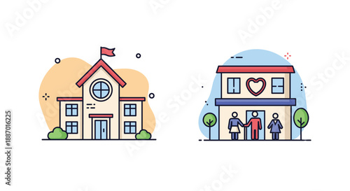 Simple line icons with color accents representing a school building and a foster home or orphanage, symbolizing education and child welfare.