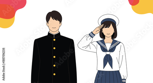 Japanese high school students, a boy in a Gakuran uniform and a girl in a sailor uniform saluting, representing school life in Japan.