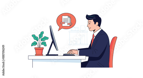 Businessman in a suit working on a desktop computer at his office desk, processing a document or sending a file online as shown in a speech bubble.
