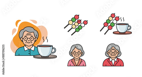 Set of illustrations featuring a smiling elderly woman enjoying a cup of hot tea with traditional Japanese dango sweets, a simple and cozy scene.