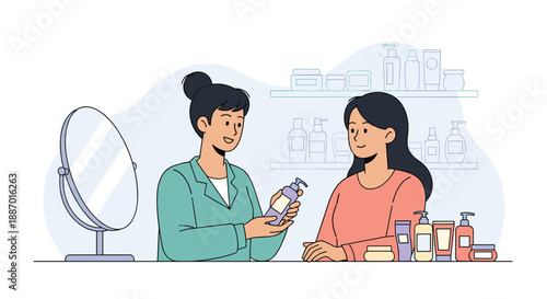 Professional beauty consultant recommending a cosmetic product to a female customer at a counter with various skincare items and a mirror.